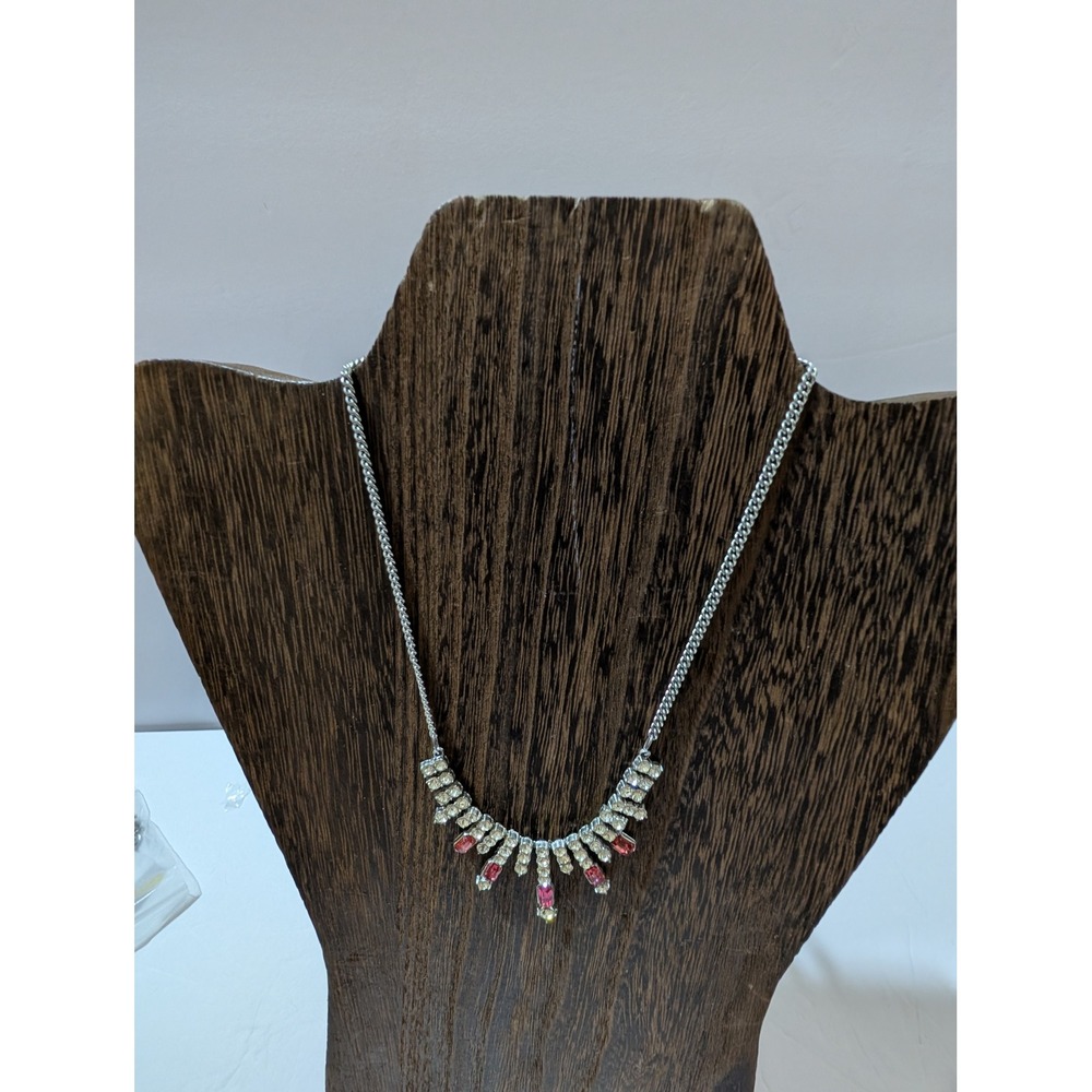 Vintage Silver Tone Pink and Clear Rhinestone Fringe Bib Necklace 16 Inch